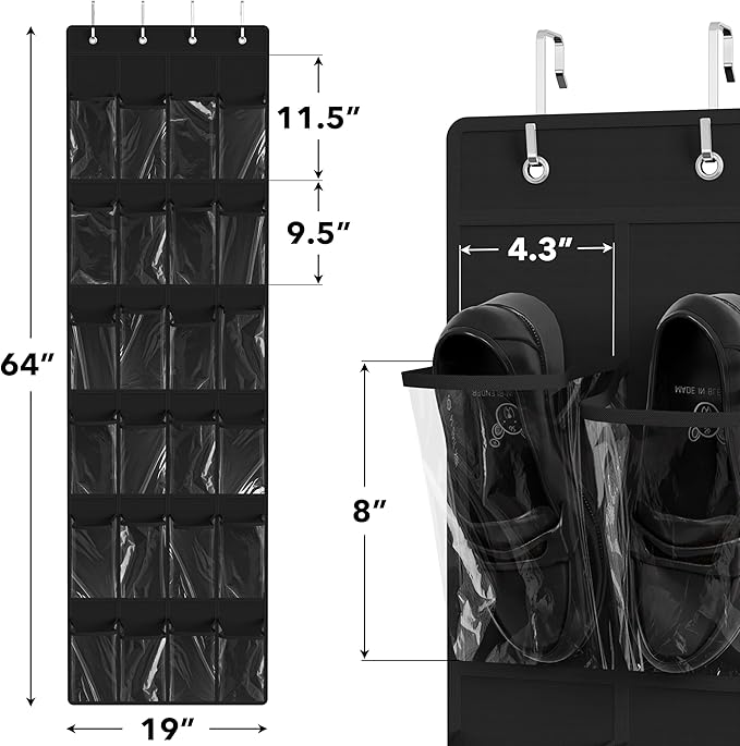 Simple Houseware 24 Pockets - Crystal Clear Over The Door Hanging Shoe Organizer, Black (64'' x 19'')