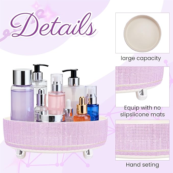Rotating Bling Perfume Makeup Organizer, Rhinestone Cosmetic Display Cases with 2-Piece Set, 360° Spinning Bathroom Organizers for Countertop, Vanity Table | Purple