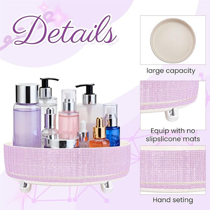Rotating Bling Perfume Makeup Organizer, Rhinestone Cosmetic Display Cases with 2-Piece Set, 360° Spinning Bathroom Organizers for Countertop, Vanity Table | Purple