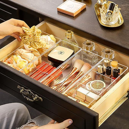 JessLab Acrylic Makeup Organizer, 3 Pack Stackable Cube Sections for Drawer, Vanity, Countertop, Bathroom, Kitchen and Cabinet Storage, 3 Compartment