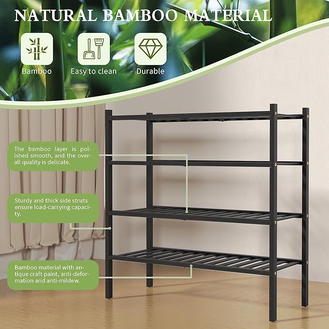 ROMGUAR CRAFT 4 Tier Bamboo Shoe Rack for Closet Free Standing Wood Shoe Shelf for Entryway Small Space Stackable 27"x11"x26" (Black)