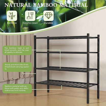 ROMGUAR CRAFT 4 Tier Bamboo Shoe Rack for Closet Free Standing Wood Shoe Shelf for Entryway Small Space Stackable 27"x11"x26" (Black)