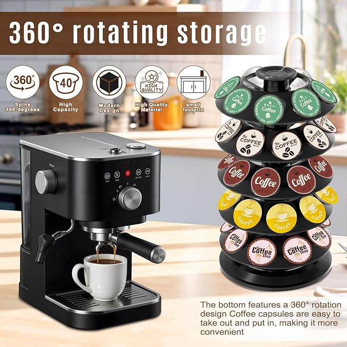 K Cup Holder, Coffee Pod Holder for Keurig Pods - 40 Capsule Spinning Organizer with 360° Turntable, Also Fits Nescafé Dolce Gusto Pods, Space Saving for Kitchen Counter & Office