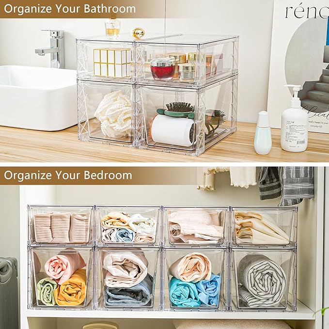 6Pack Pantry Organizers and Storage,Clear Stackable Kitchen Storage Organizer,Foods Organizer Bins with Handles, Easily Assemble for Bathroom, Kitchen, Refrigerator, Pantry, Cabinet, Closet
