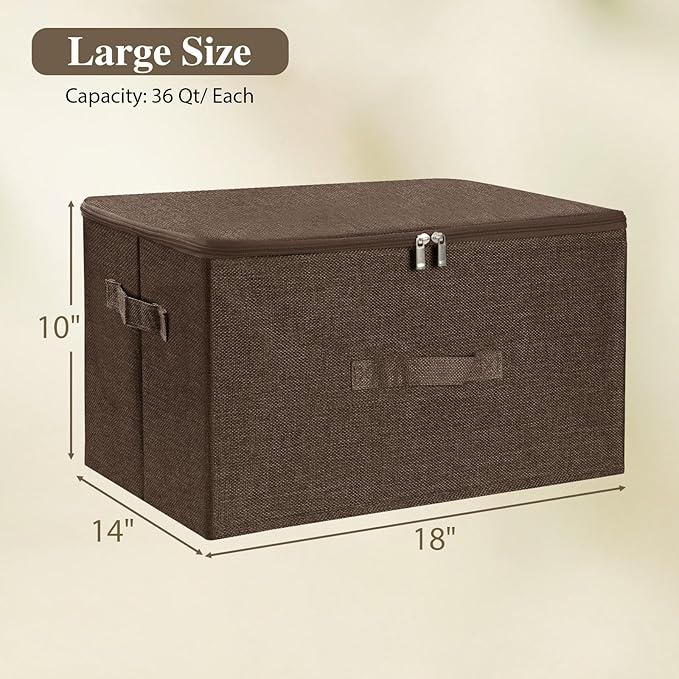 ANMINY 2PCS Storage Bins with Zipper Lids 36 Qt Lidded Fabric Storage Boxes Baskets Cubes with Handles Collapsible Washable Cotton Linen Closet Shelf Clothes Organizer Containers - Coffee, Large