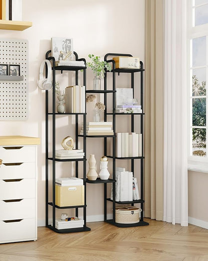 Hzuaneri 8 Tiers Vertical Shoe Rack, Narrow Shoe Tower, Tall Shoes Shelf with 2 Hooks, Adjustable Shelves, Corner Shoes Shelves for Small Spaces, Entryway, Living Room, Black SR04304B
