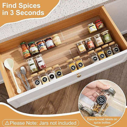 Expandable Spice Drawer Organizer Insert, 6-Pack Kitchen Adjustable Seasoning Rack Tray (13" to 26"), Clear Acrylic with Anti-Slip Mat, for Cabinet Countertop (Jars Not Included)