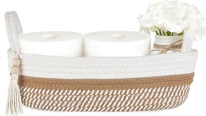 Mkono Small Storage Basket for Toilet Tank Top Boho Bathroom Decor Woven Rope Toilet Paper Tray Organizer for Shelf Bedroom Living Room, White and Brown, 13" L x 6" W
