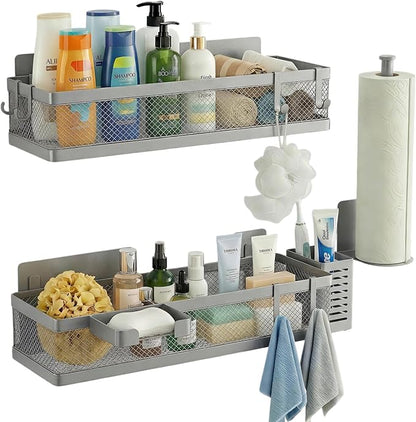 PUSDON 5-in-1 16.5" Extra Long Slim Wall Mount Wrapped Mesh Kitchen Organizer & Shower Caddy Kit, with Paper Towel Holder, Utensil Holder, Soap Dish, Holds 50LBS - Silver Gray, Netting