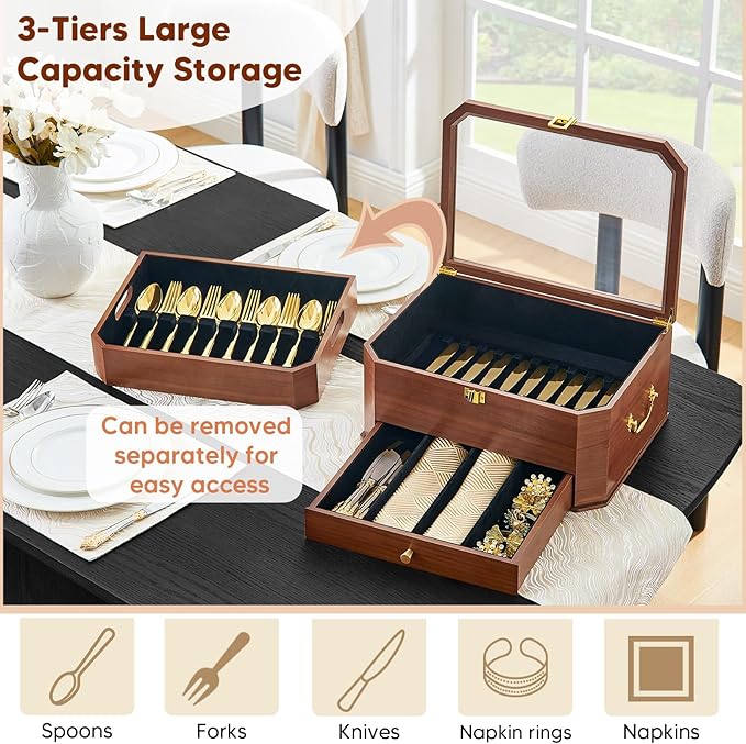Silverware Storage Box, 3 Layers Wooden Silverware Box without Silverware, Flatware Storage Chest Case with Felt Lined Acrylic Lid and Handle for Kitchen Storing Fine Tableware, Walnut