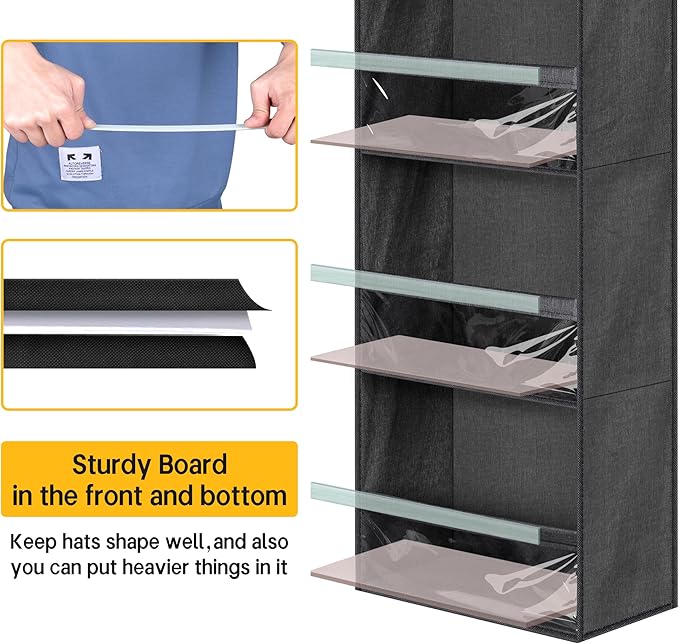 SLEEPING LAMB Narrow Door Hat Organizer for Baseball Caps, Baseball Hat Rack for Closet/Wall Hold 40 Hats Storage Holder Clear Hat Display (Black)