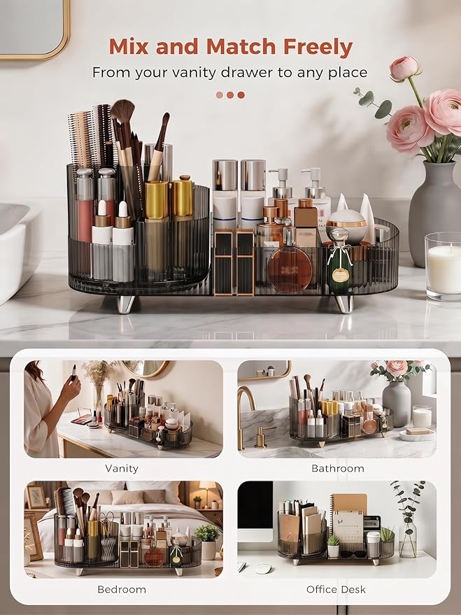 Booklov Rotating Makeup Organizer for Vanity, Large Capacity Cosmetic Display Case, Clear Acrylic Countertop Beauty Storage Holder for Skincare, Brush Eyeshadow Lipstick, Counter Desk, Crystal Black