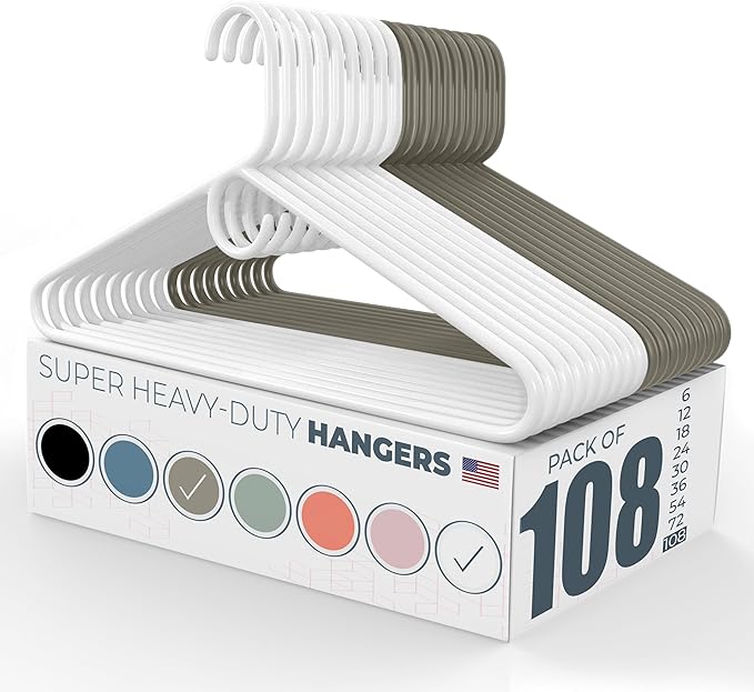 Super Heavy Duty Clothes Hangers 100 Pack (108 Count) – Made in the USA - 10lb Capacity, Thick Plastic Hangers for Pants, Coats, Jackets, Jeans and Adult Clothing – White & Gray