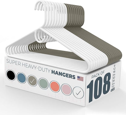 Super Heavy Duty Clothes Hangers 100 Pack (108 Count) – Made in the USA - 10lb Capacity, Thick Plastic Hangers for Pants, Coats, Jackets, Jeans and Adult Clothing – White & Gray