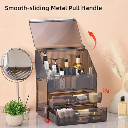 Large 3-Tier Makeup Organizer with Drawers and Lipstick Holder, Dustproof Waterproof Skincare Storage Box for Bathroom Countertop, Vanity Cosmetic Organizer,Clear Black