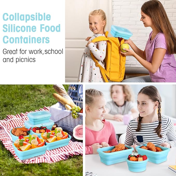 Yaomiao 16 Pack Collapsible Food Storage Containers with Lid Foldable 8 Pcs Rectangle Storage Bowl and 8 Pcs Round Silicone Food Bow for Lunch Camping Rv Accessories Microwave Freezer(Blue)