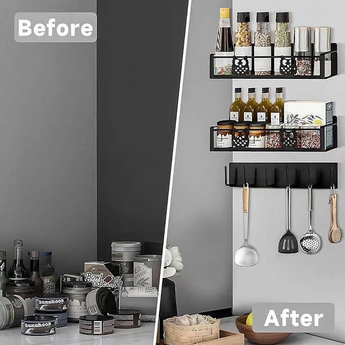 Magnetic Spice Rack for Refrigerator,Spice Organizer for Kitchen,Seasoning Organizer Rack,Magnetic Shelf with Hooks,Strong Magnet,Moveable,No Drilling(3 Pack,Black,Owl)