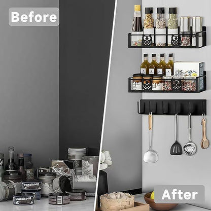 Magnetic Spice Rack for Refrigerator,Spice Organizer for Kitchen,Seasoning Organizer Rack,Magnetic Shelf with Hooks,Strong Magnet,Moveable,No Drilling(3 Pack,Black,Owl)
