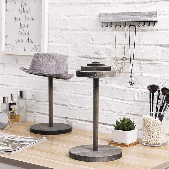 MyGift 2 Pcs Hat Holder Stand, Cowboy Hat Rack, Baseball Cap Organizer Storage, Wig Helmet Display Stand for Home, Salon, Entryway or Retail, Vintage Gray Solid Wood with Stacked Circular Discs Dome