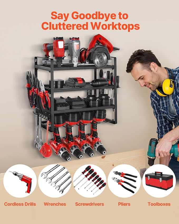 VEVOR Power Tool Organizer Wall Mount, 4-Layer Storage Rack with 4 Drill Holders, Tools Holder and Storage Rack with Screwdriver Holder, Garage Tool Organizer for Garage, Workbench, and Workshop