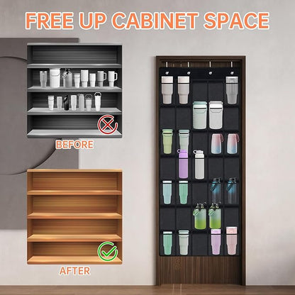 NiHome Multi-Functional 35 Pockets Door Hanging Organizer Fit for Stanley Tumbler in Kitchen, Pantry, Bedroom, Bathroom, Large Capacity Elastic Mesh Secure Storage Cup Holder, Foldable for Home and RV