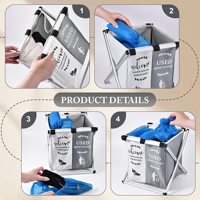 Shoe Cover Dispenser Foldable Shoe Covers Box Realtor Supplies,Holder with Used Shoe Covers and Please Remove Your Shoes Sign for Open House Supplies(Gray,Beige)