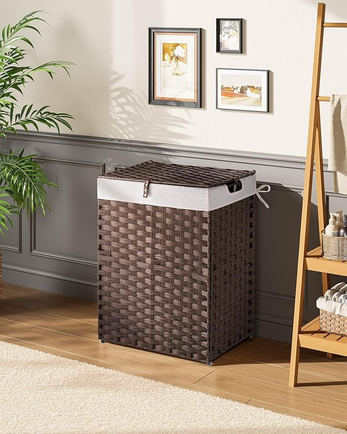 Greenstell Laundry Hamper with lid, No Install Needed, 90L Wicker Laundry Baskets Foldable 2 Removable Liner Bags, 2 Section Clothes Hamper Handwoven Rattan Laundry Basket with Handles, Brown