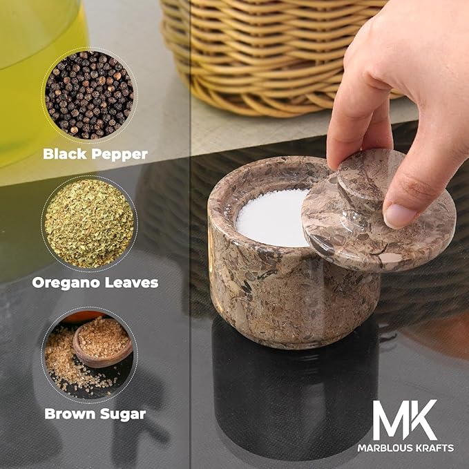 MARBLOUS KRAFTS Marble Salt Cellar with Lid 3" Oceanic Flaky Salt Bowl Kitchen Countertop Storage, Perfect for Small Spice Jar and Sugar Bowl