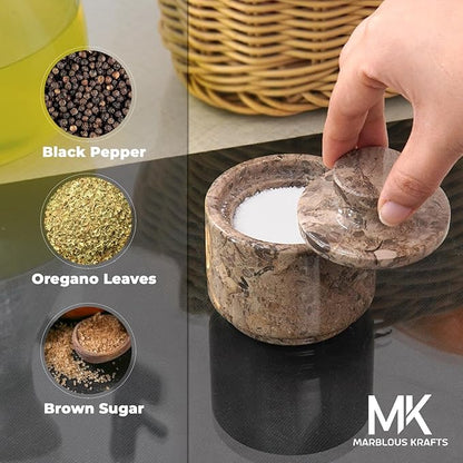 MARBLOUS KRAFTS Marble Salt Cellar with Lid 3" Oceanic Flaky Salt Bowl Kitchen Countertop Storage, Perfect for Small Spice Jar and Sugar Bowl