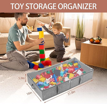 2-Pack Under Bed Toy Storage Boxes, Grey Toy Organizer with Clear PVC Lid, Foldable Under Couch Storage Bins (31.8×16×5.9in), Toys Storage Containers for Plush Dolls, Books, Clothes, Shoes & Blankets