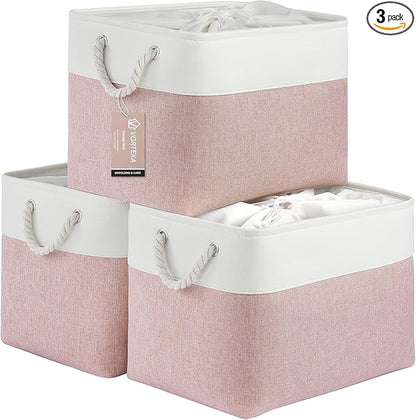 Large Storage Baskets- 16x12x12 inch Storage Bins for Shelves and Closet Organizing, Foldable Fabric Bin for Home Organization Clothes and Laundry (3-Pack, White&Pink)