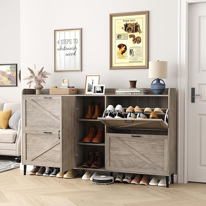HOMEFORT Large Shoe Cabinet with 4 Flip Drawers, Farmhouse Narrow Shoe Organizer Cabinet for Entryway, Hidden Shoe Rack with Adjustable Side Cabinet for Boot Storage,6 Wood Legs, Washed Gray