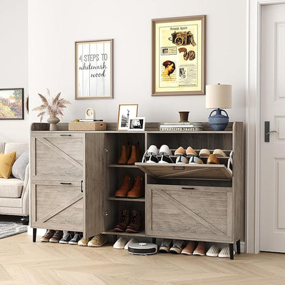 HOMEFORT Large Shoe Cabinet with 4 Flip Drawers, Farmhouse Narrow Shoe Organizer Cabinet for Entryway, Hidden Shoe Rack with Adjustable Side Cabinet for Boot Storage,6 Wood Legs, Washed Gray