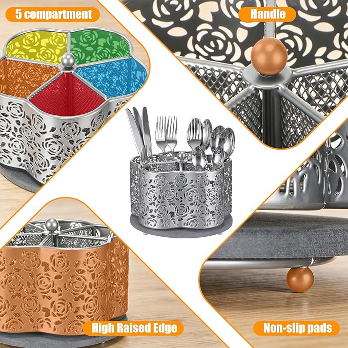 360 Degree Rotating Utensil Caddy Silverware Cutlery Caddy Holder with 5 Compartment Kitchen Countertop Organizer for Spoon Fork Flatware Storage for Home or Outdoor Picnic Camping(Silver)