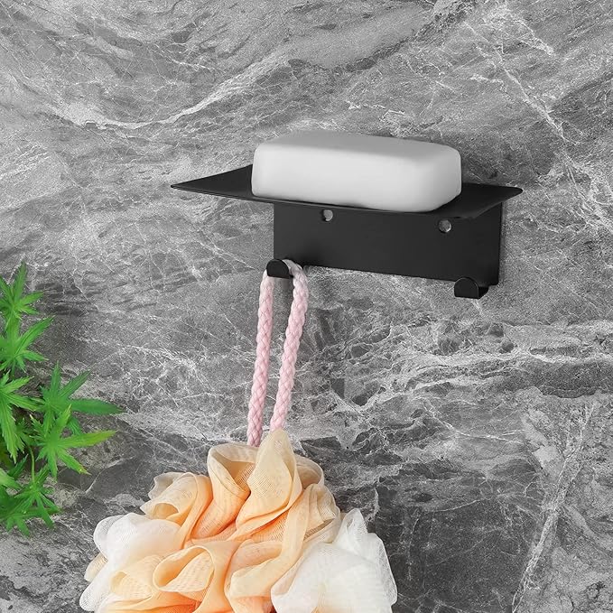 Soap Dish for Shower, 4 Slot Self-Adhesive Soap Holder for Bathroom, Wall Mounted Shower Soap Holder with Hook, Stainless Steel Soap Tray Black