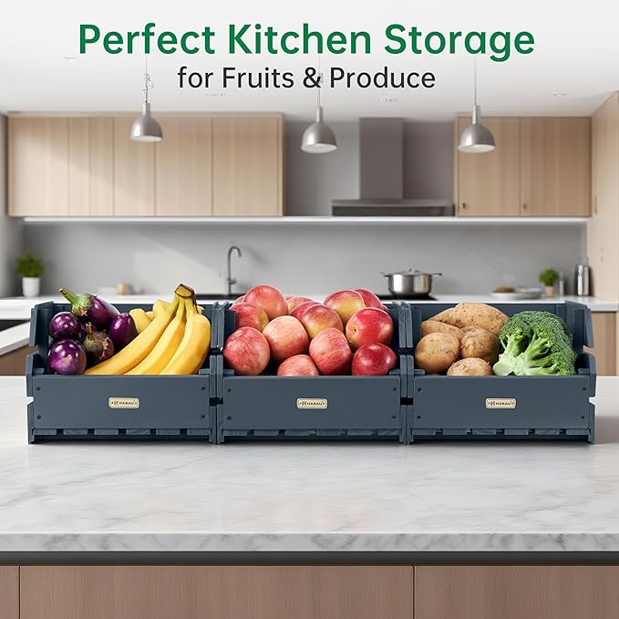 Wood Potato Onion Storage Bins - Wooden Stackable Produce Basket - Fruit Vegetable Storage for Kitchen Pantry Organization, Set 3 Pieces