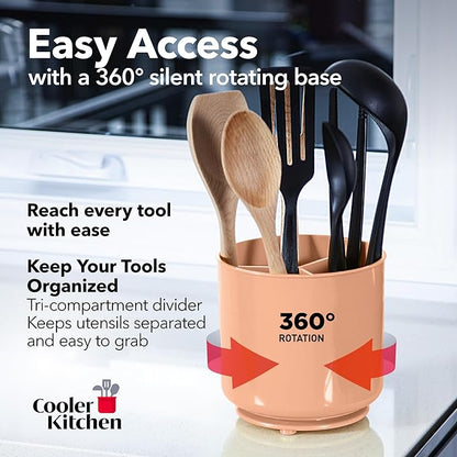 Cooler Kitchen Jumbo Rotating XL Peach Plastic Utensil Holder Caddy with Sturdy No-Tip Weighted Base, Removable Divider, and Gripped Insert - Dishwasher Safe Kitchen Utensil Holder for Countertop