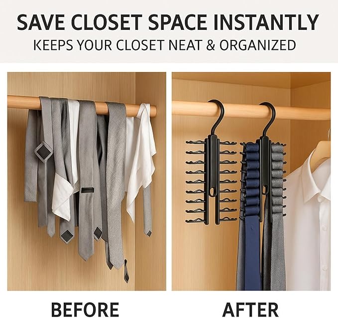 Tie Hanger for Men – 2 Pack Space-Saving Tie Organizer for Closet – Durable Plastic Scarf & Belt Hanger – 20-Tie Capacity Rack, Black – Closet Organizer for Ties, Scarves & Accessories