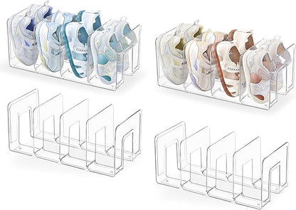 HBlife Clear Acrylic Kids Shoe Rack for Closet Organizers and Storage, Small Shoe Rack 4 Sections Toddler Baby Shoe Storage Organizer Stackable Shoe Shelf,Desk File Sorter Book Purse Organizer(4 Pack)