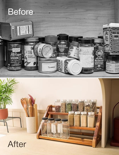 Tinamo Acacia Wood Spice Rack for Countertop - Wooden Tray Holds 24 Jars Spice Racks Organizer for Storage Shelf - 3 Tiered Spice Rack Organizer for Cabinet - Spice Shelf for Kitchen Pantry (Acacia)