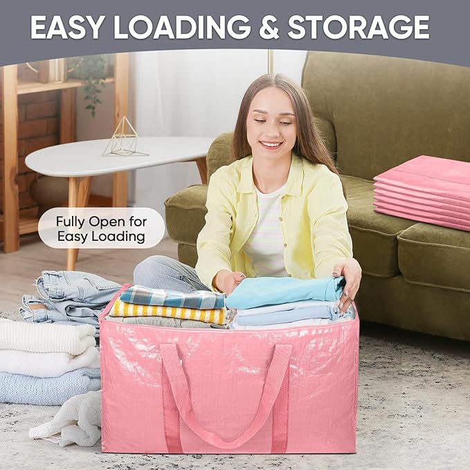 TICONN 6 Pack Extra Large Moving Bags Heavy Duty with Zippers & Carrying Handles, Durable Storage Bags Moving Boxes for Closet Organizers and Storage (6 Pack, Coral)