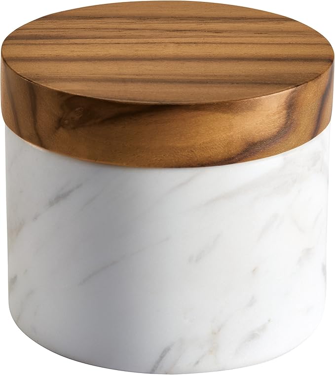 Anolon Pantryware Marble Salt Cellar with Teak Lid / Marble Salt Box with Teak Lid - 5.25 Ounce , White