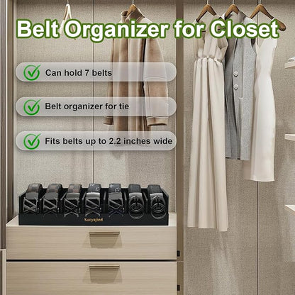 Belt Organizer, 7 Compartments Belt Organizer for Closet and Drawer, Belt Holder Case for Tie and Belt, Bamboo Storage Box for Men and Women (Black, 7)
