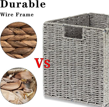 Vagusicc Wicker Basket, Set of 2 Hand-Woven Wicker Storage Basket, Foldable 11 inch Cube Storage Bins, Storage Baskets for Organizing Shelves, Closet Organizers and Storage Bins, Gray (11″×11″×11″)