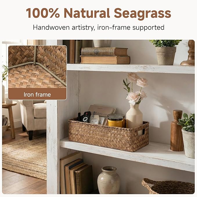 StorageWorks Wicker Toilet Paper Basket for Back of Toilet Baskets, Seagrass Bathroom Basket Organizer and Storage for Tank Topper, Small Tank Trays for Decor with Built-in Handles, Brown