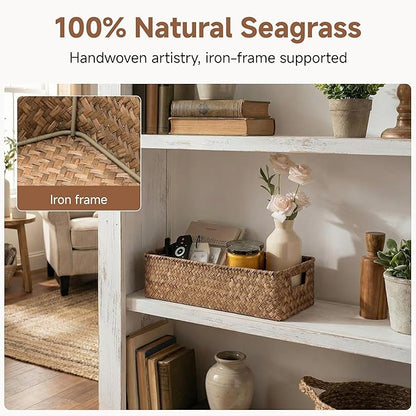 StorageWorks Wicker Toilet Paper Basket for Back of Toilet Baskets, Seagrass Bathroom Basket Organizer and Storage for Tank Topper, Small Tank Trays for Decor with Built-in Handles, Brown