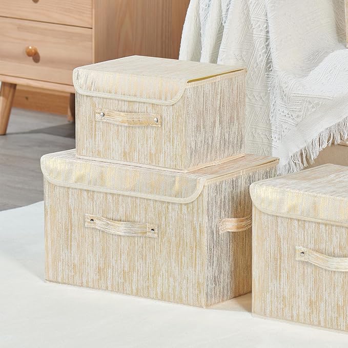 2PCS Decorative Storage Boxes with Lid Luxury Metallic Fabric Storage Bins Organizer Container Collapsible Shelf Basket with Handles for Home Bedroom Closet Office (Gold, Large Size)