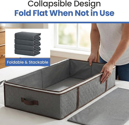 Underbed Storage Bags 4-Pack - Foldable Under Bed Storage Organizer for Clothes, Bedroom Blankets, Comforter, Pillows, Linen Sheets, Towels, Sweaters, Shoe Drawers - Ideal for College Dorms (Grey)