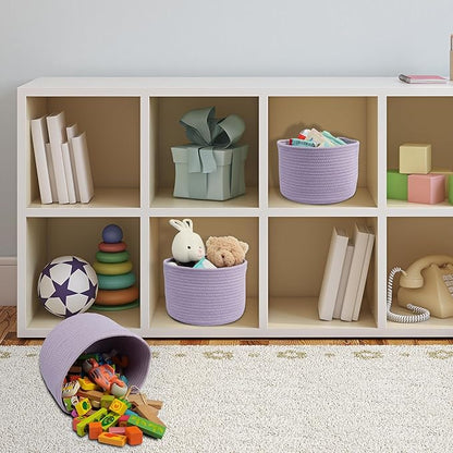 XUANGUO Small round Storage Basket - 3-Pack Round Cube Bins (10x10x7'') for Shelves, Closets & Bookcases | Durable Rope Organizers for Nursery, Baby, Toys, Easter & More (purple)