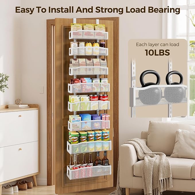 Delamu 8 Tier Over the Door Pantry Organizer, 2in1 Hanging or Wall Mount Spice Rack Seasoning, Adjustable Heavy-Duty Pantry Door Organizer and Storage for Kitchen Cabinet and Bathroom, 15.3" White